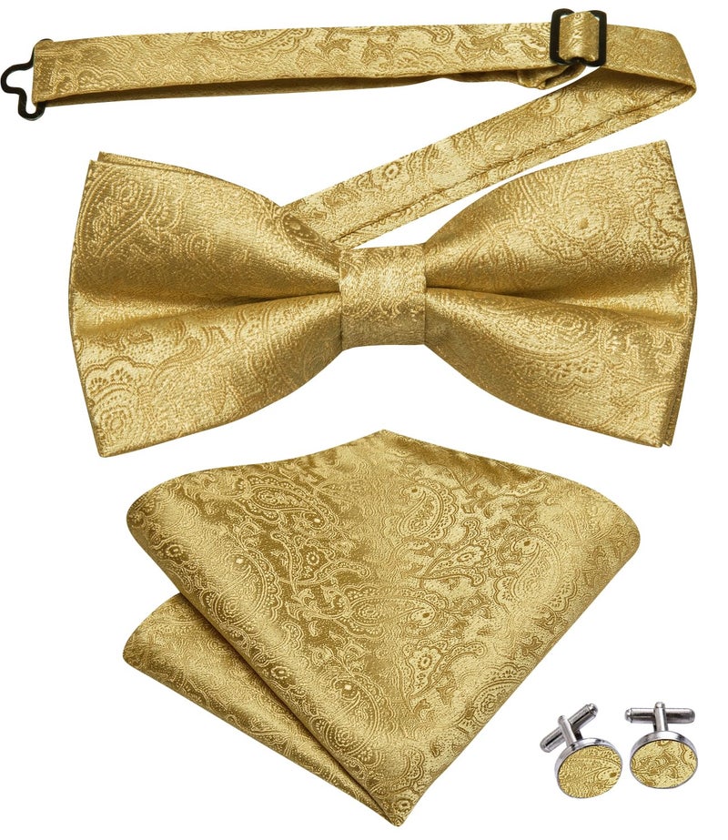 Dubulle Mens Gold Paisley Striped Bowtie Set Pre-tied Bowtie for Men and Pocket Square Set Wedding Business - Image 4